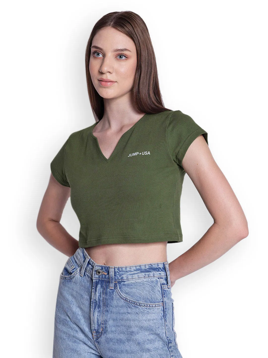 JUMP USA Womens Green Solid Split Neck Crop Tops