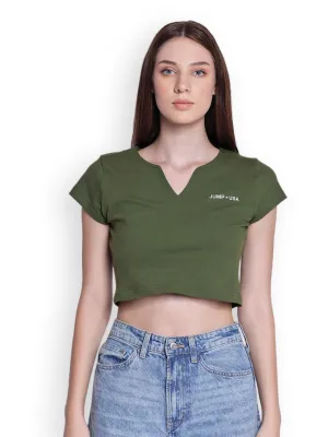 JUMP USA Womens Green Solid Split Neck Crop Tops