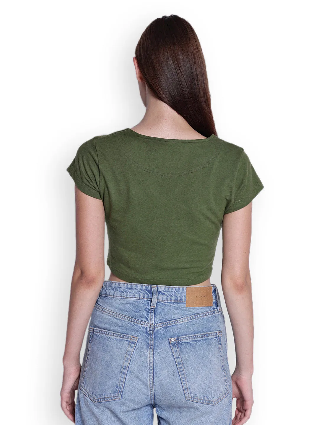 JUMP USA Womens Green Solid Split Neck Crop Tops