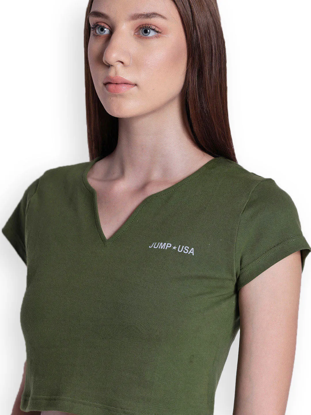 JUMP USA Womens Green Solid Split Neck Crop Tops