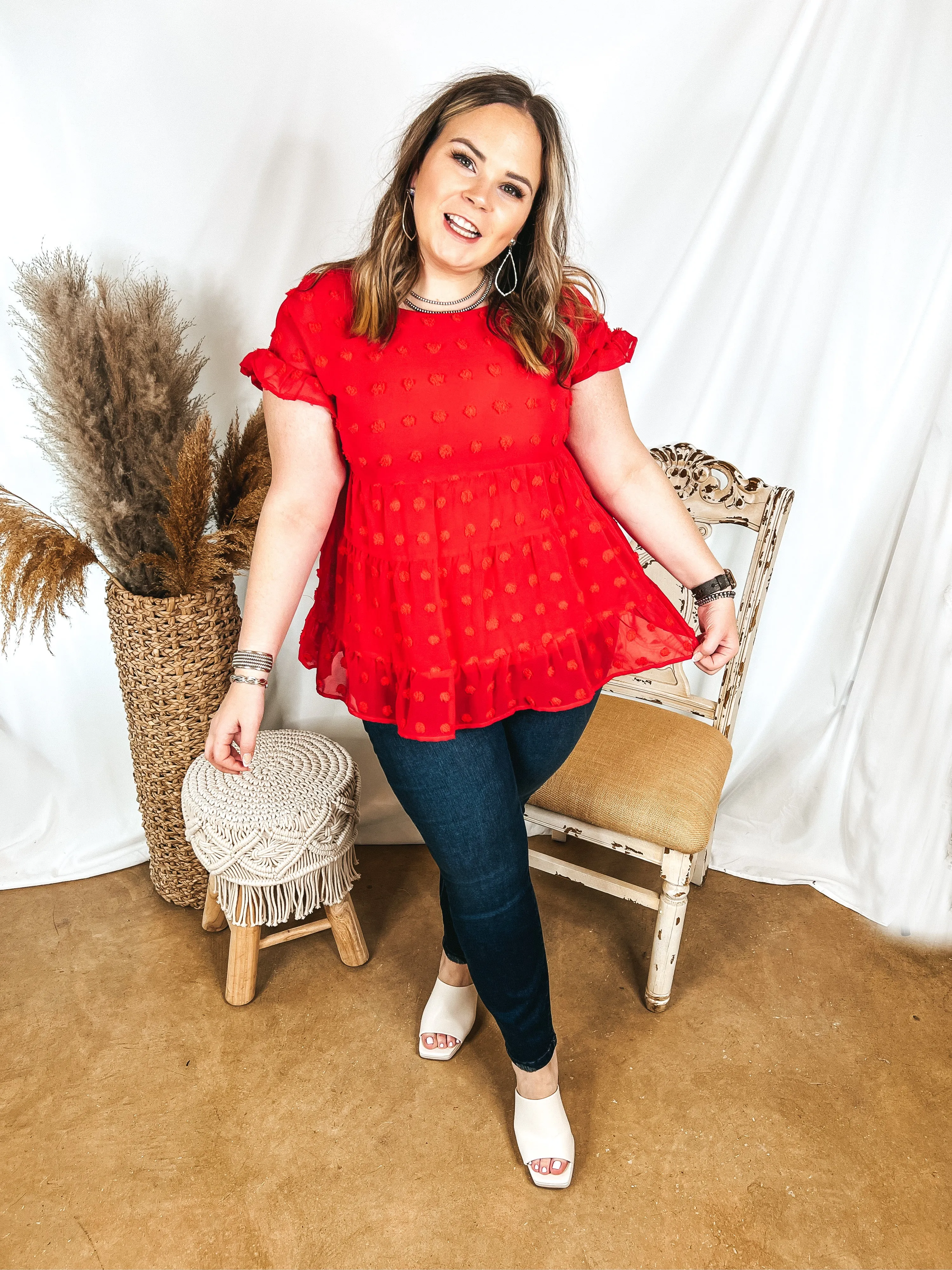 Last Chance Size Small | Such A Delight Tiered Swiss Dot Top with Ruffle Cap Sleeves in Red