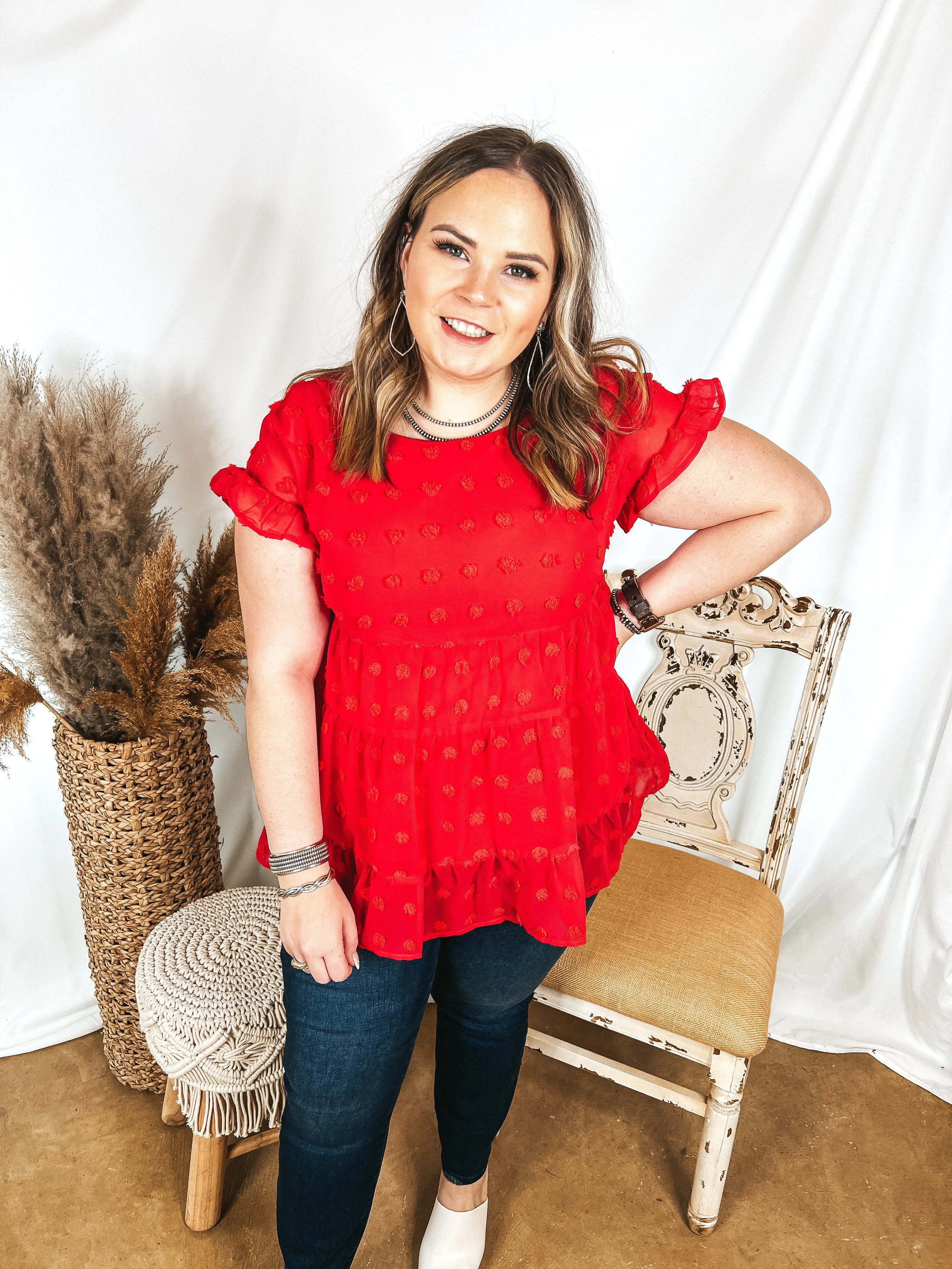 Last Chance Size Small | Such A Delight Tiered Swiss Dot Top with Ruffle Cap Sleeves in Red