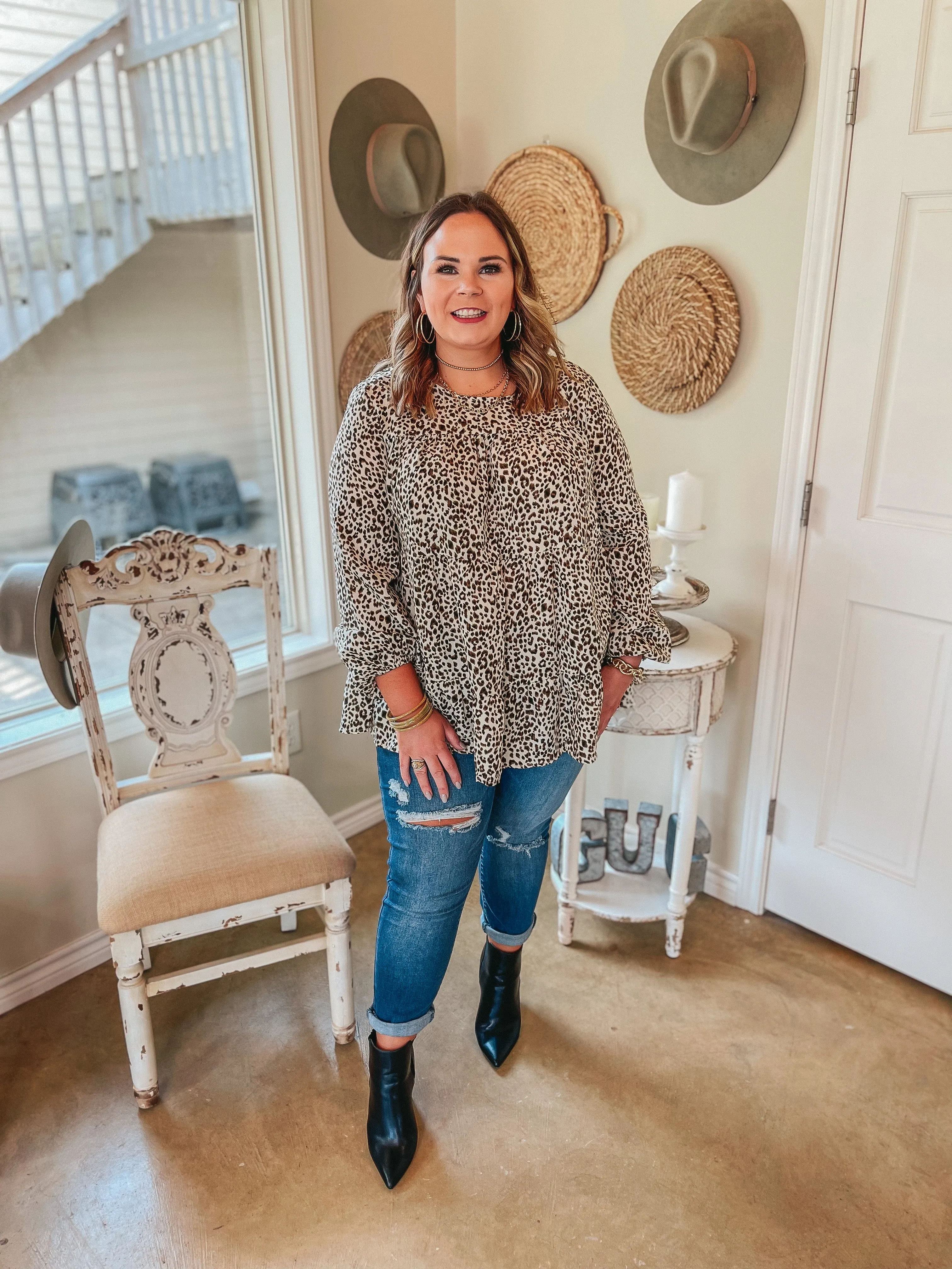 Last Chance Size Small | Tell Me Your Dreams Long Sleeve Tiered Leopard Blouse in Ivory