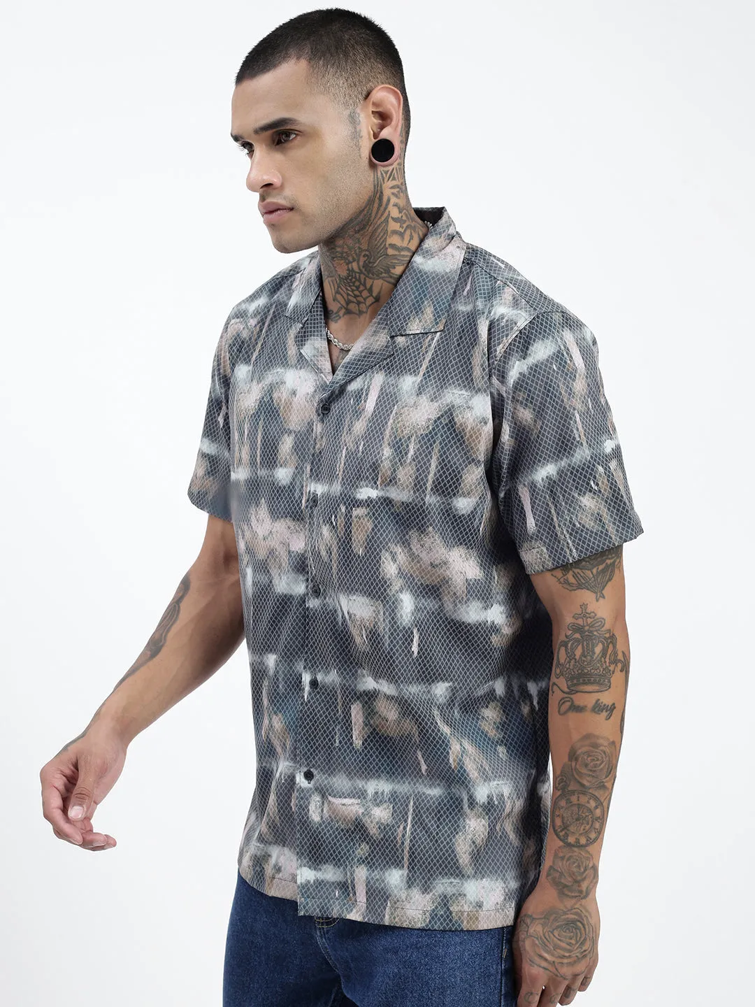 Men Abstract Blue Relaxed Fit Shirt