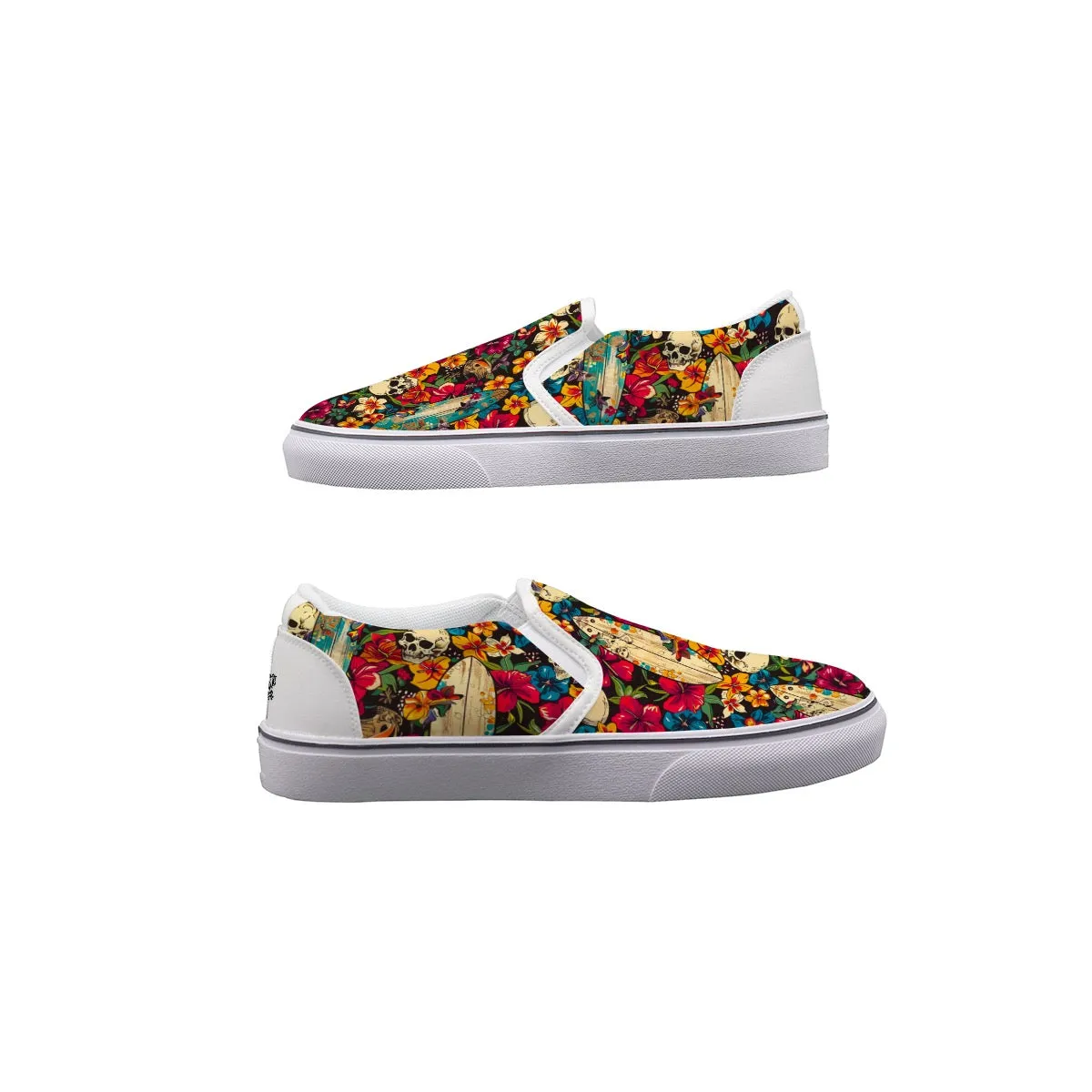 Men's Slip On Sneakers. Skulls and flowers print