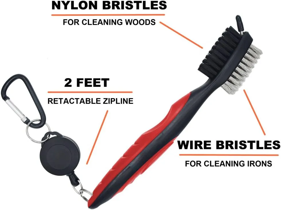 New Golf Club Brush and Groove Cleaner Brush Brushes in 3 for Golf Shoes/Golf Club/Golf/Golf Groove, Attach 2 feet Retractable Zip-line Aluminum Carabiner Ours is Orange/Grey