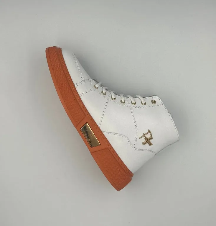 "VANGUARD" HIGH-TOP WHITE LEATHER WITH VIBRANT ORANGE SOLE