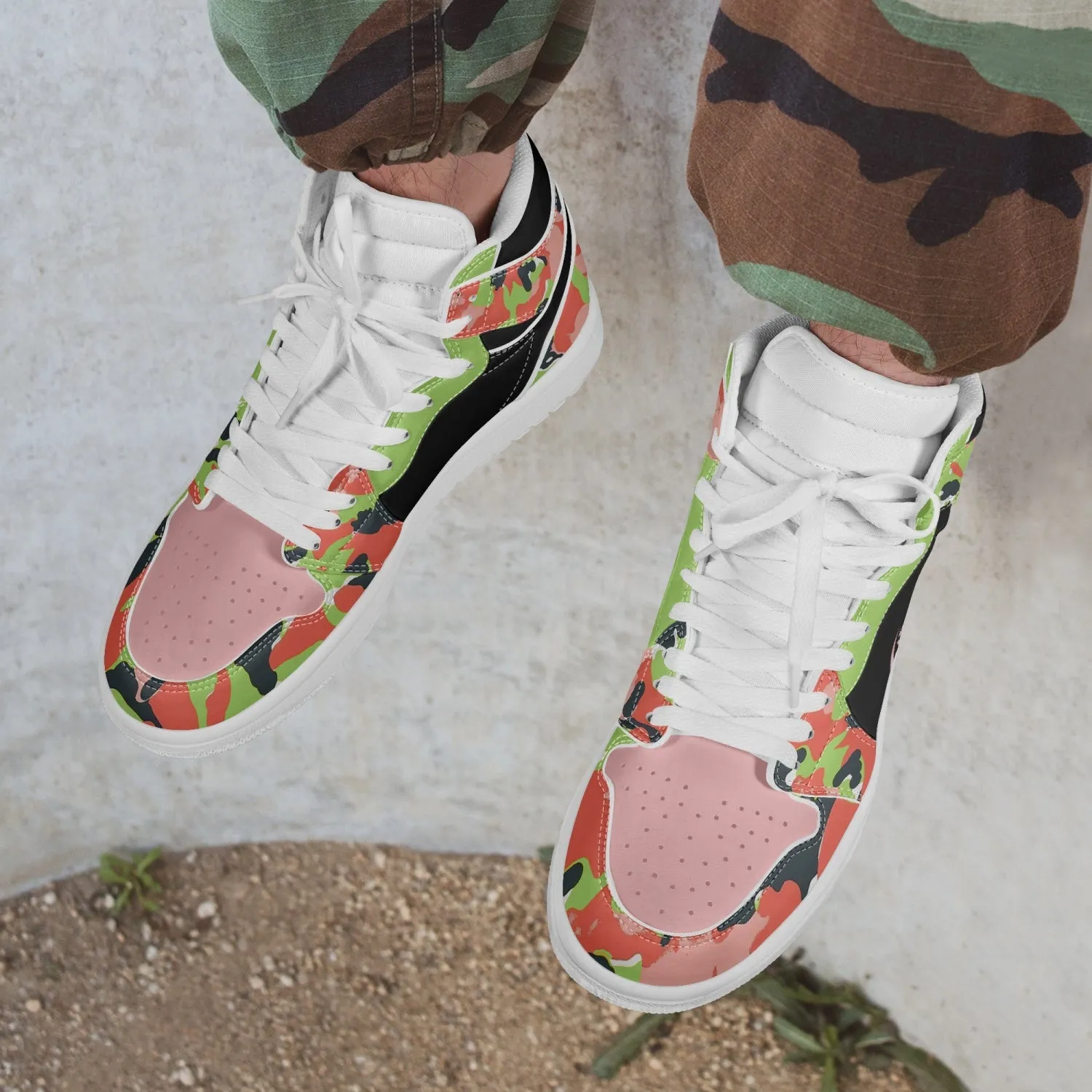 TREADZ 10 TOES DOWN UNITY OVER DIVISION AKA PINK AND GREEN CAMO HIGH TOP LEATHER SNEAKER