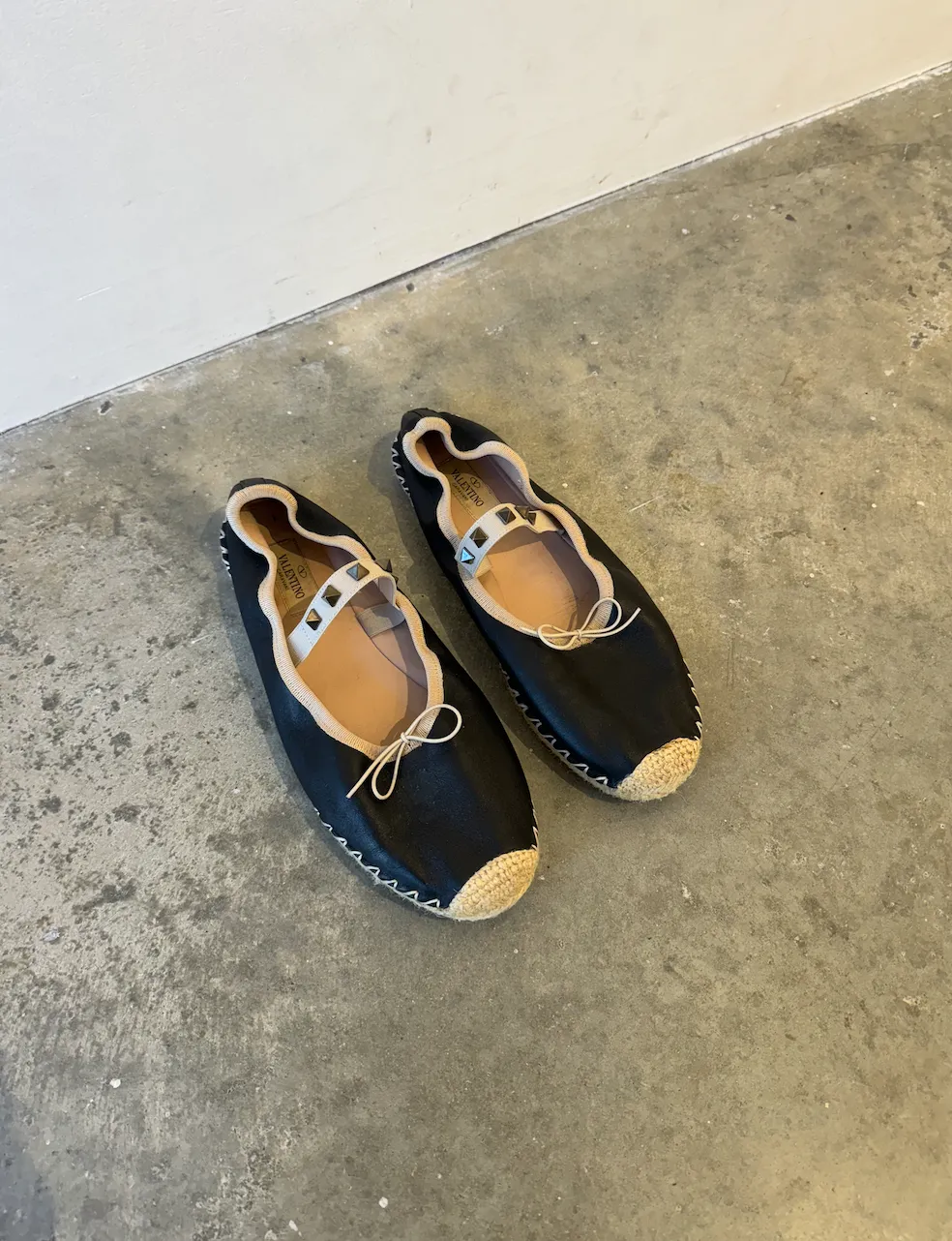 Valentino Black Leather Rockstud Ballet Flat Espadrilles