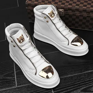 White High-top Casual Street Boots with Gold Accents and Tiger Detail