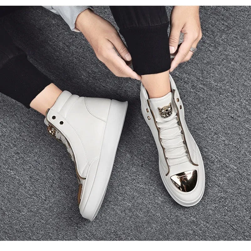 White High-top Casual Street Boots with Gold Accents and Tiger Detail