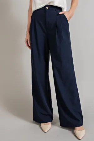 Wide Leg, Pleated Dress Pants - Navy